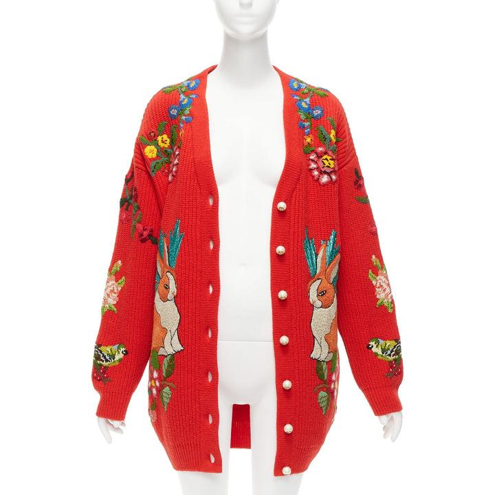 GUCCI Alessandro Michele red wool rabbit embroidery patch oversized cardigan S