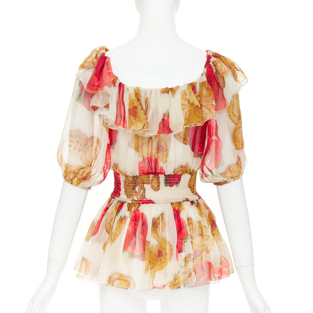 DOLCE GABBANA 2018 Cookie Rose print smocked ruffle sheer silk top IT38 XS