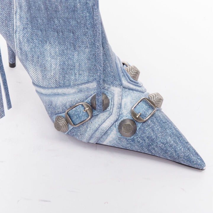 BALENCIAGA Cagole blue denim printed leather silver stud moto tall boots EU37