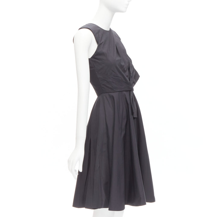 PRABAL GURUNG black cotton bow detail high waist fit flared dress US0 XS