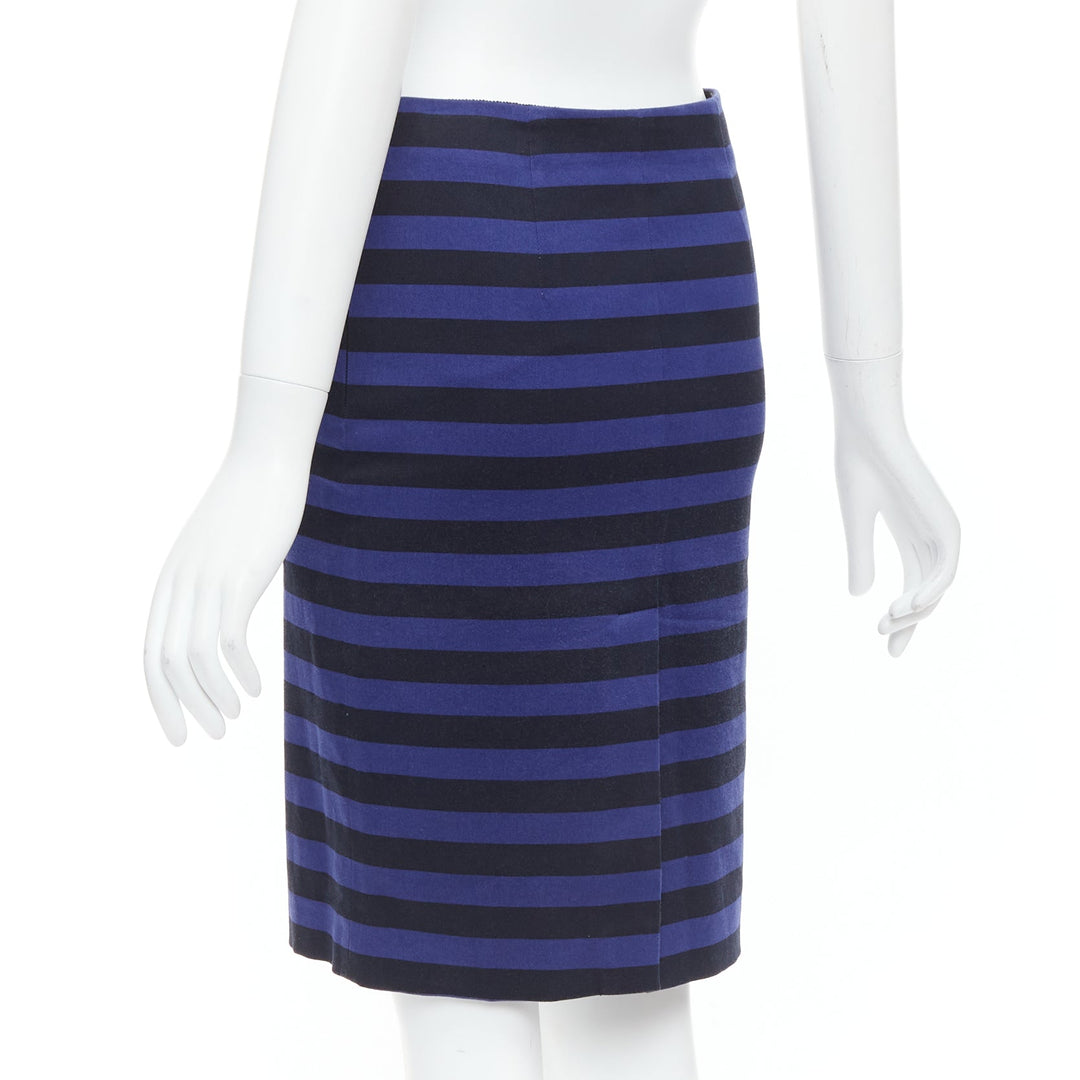 PRADA blue black striped back slit waist darts pencil skirt IT38 S