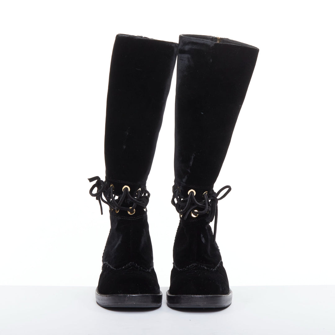 CHANEL 2016 Runway black velvet CC cap toe First Corset laced riding boots EU37