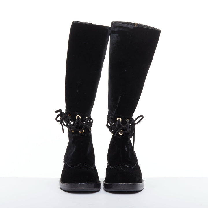 CHANEL 2016 Runway black velvet CC cap toe First Corset laced riding boots EU37