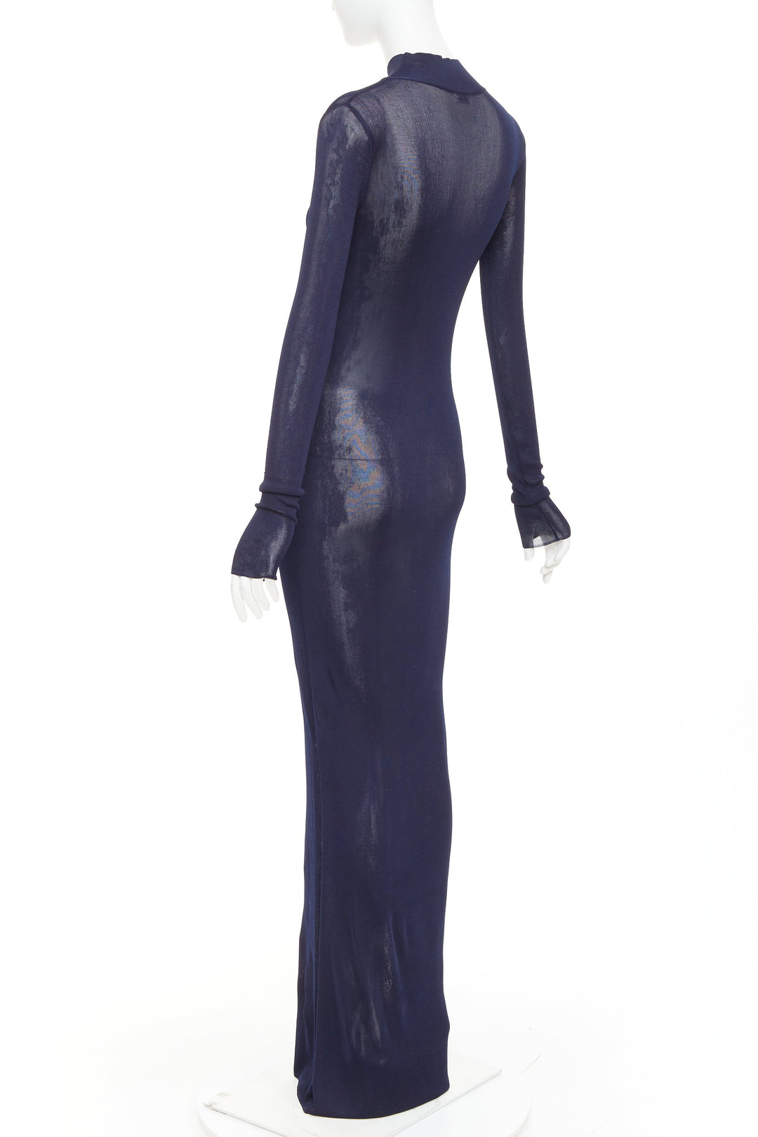 SAINT LAURENT 2023 Runway navy blue fine viscose mesh turtleneck sheer dress S