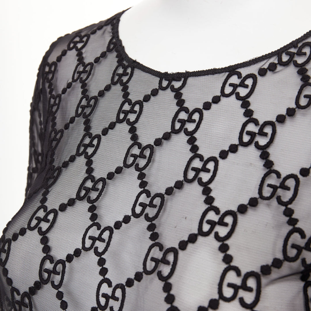 GUCCI 2019 black sheer monogram GG embroidered tulle long sleeve top XXS