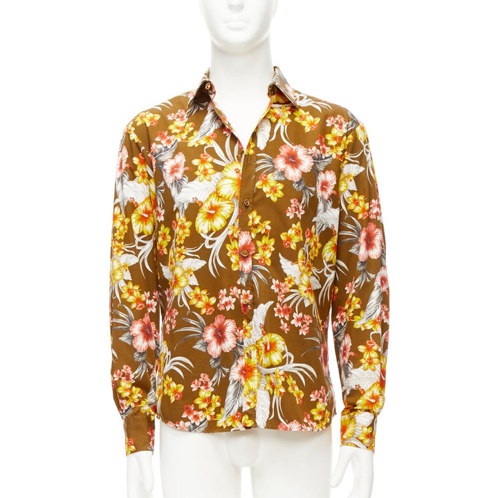 FAUSTO PUGLISI yellow tropical floral print cotton gold button shirt EU48 M