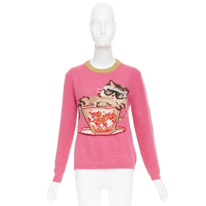 GUCCI 2018 Runway Ignasi Monreal Cat in Teacup pink wool knit sweater S