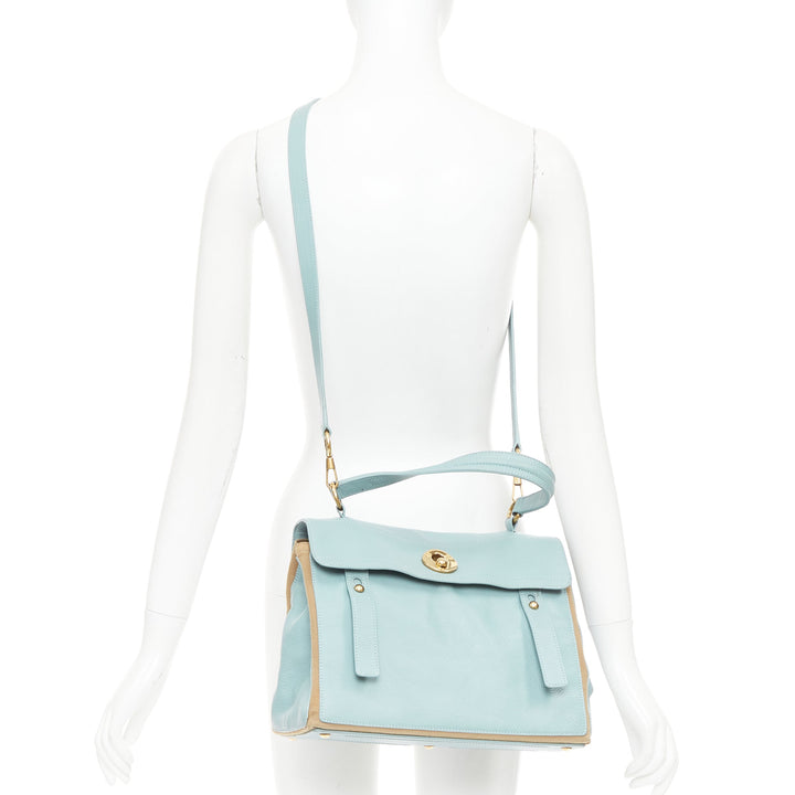 YVES SAINT LAURENT Muse 2 glacier blue canvas gold hardware leather satchel bag