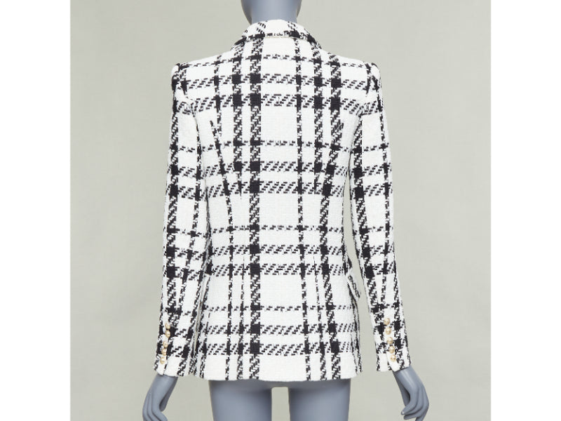 BALMAIN checked black white cotton tweed double breasted blazer jacket FR36 S