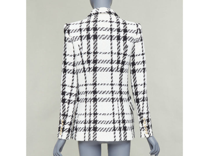 BALMAIN checked black white cotton tweed double breasted blazer jacket FR36 S