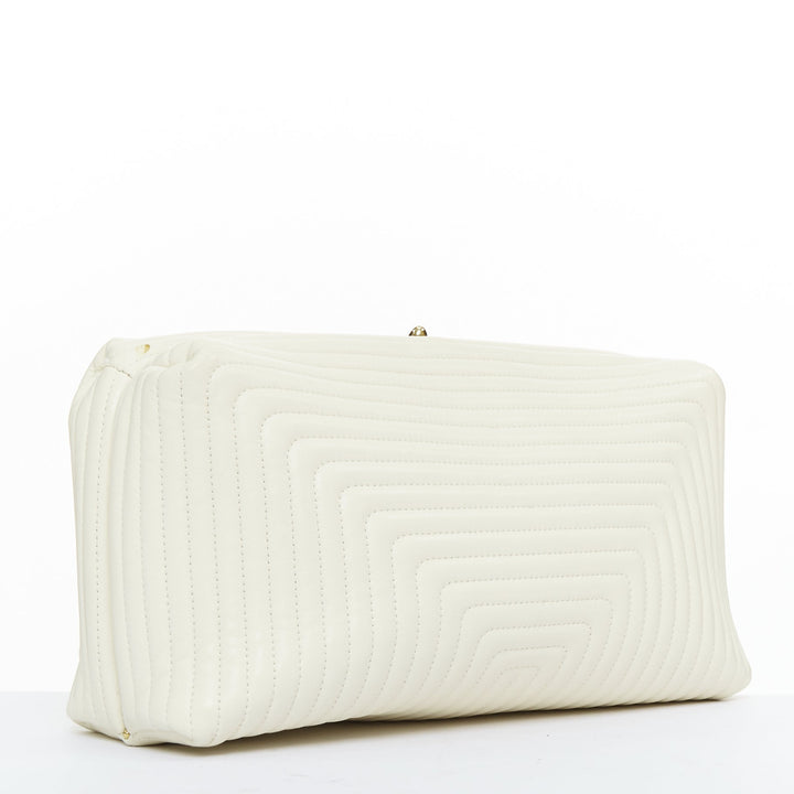 JIL SANDER Goji off white quilted topstitch leather kisslock oversize clutch bag