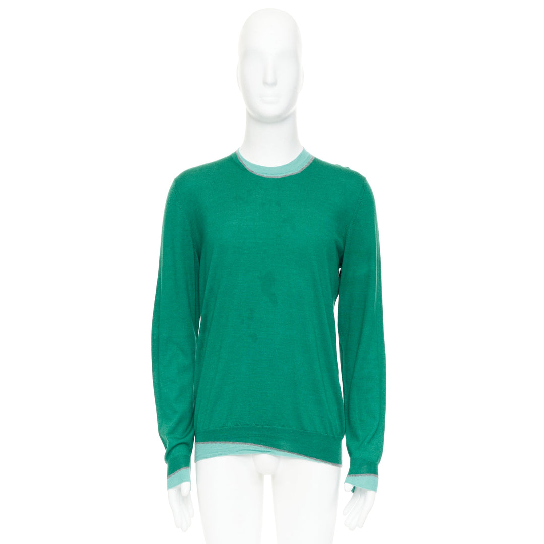 HERMES cashmere silk blend green blue border trompe loeil crewneck sweater