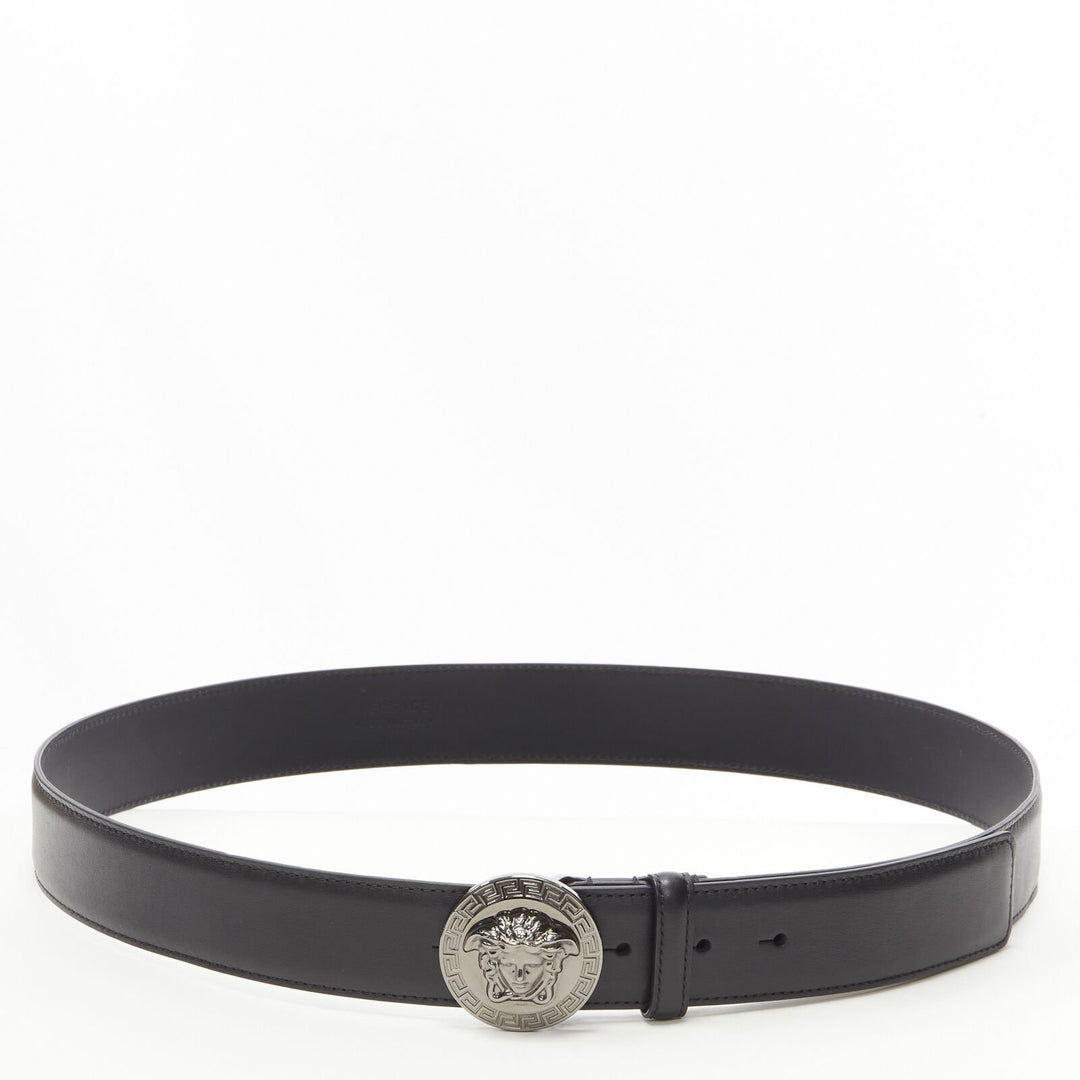 VERSACE Biggie Medusa Medallion Coin silver buckle black belt 110cm 42-46"