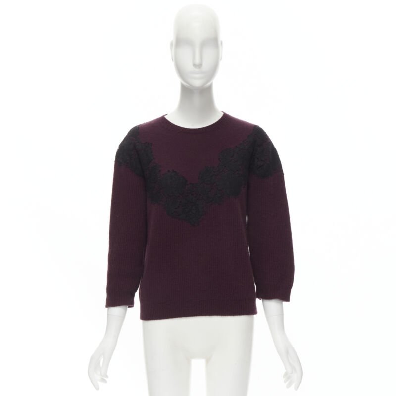 VALENTINO burgundy red virgin wool cashmere black lace applique sweater XL