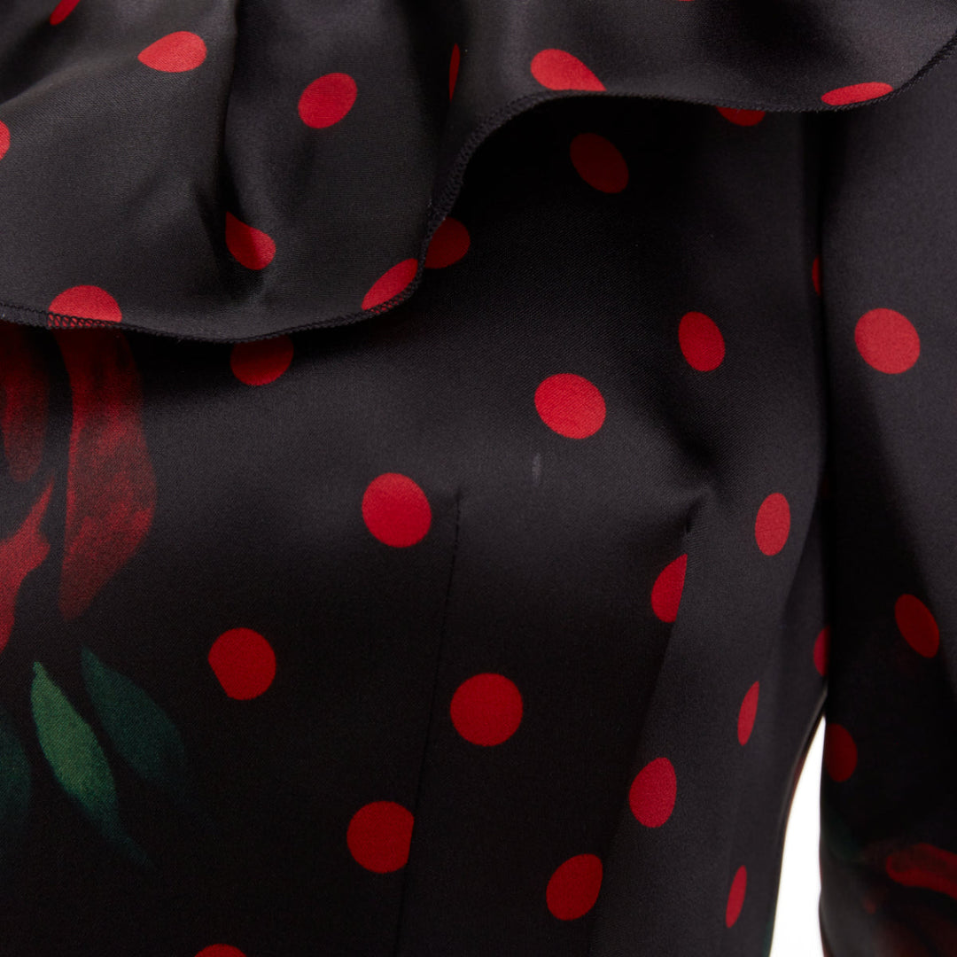 ALESSANDRA RICH 2019 Polka Dot Rose Print silk ruffled puff sleeve dress IT38 XS