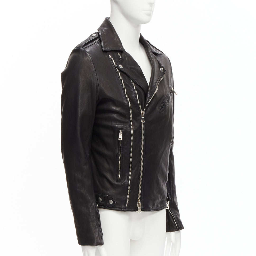BALMAIN black lambskin leather silver zip classic biker motorcycle jacket EU48 M