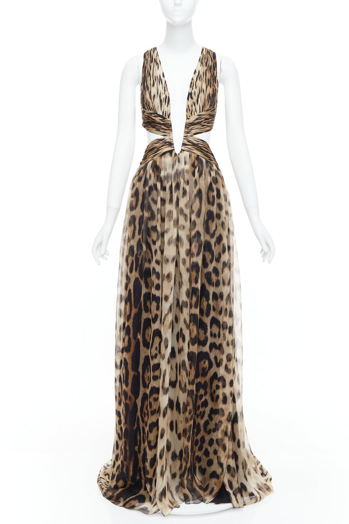 ROBERTO CAVALLI 2014 Runway brown leopard 100% silk cut out gown IT40 S