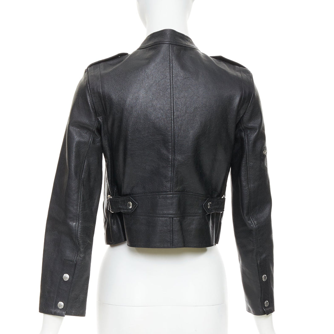 LOUIS VUITTON black goatskin leather LV zip cropped biker jacket FR36 S