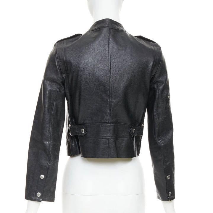 LOUIS VUITTON black goatskin leather LV zip cropped biker jacket FR36 S