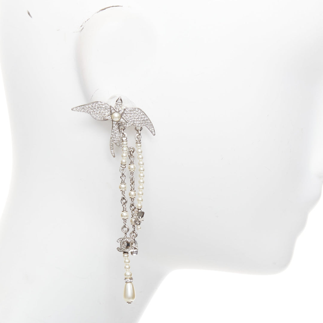 CHANEL C25S Swallow silver tone glass pearls rhinestones drop earrings Pair
