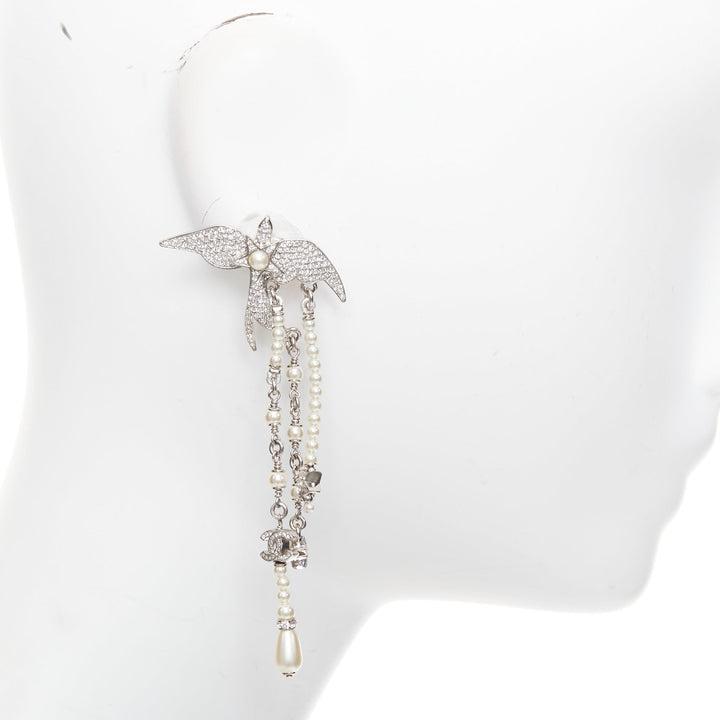 CHANEL C25S Swallow silver tone glass pearls rhinestones drop earrings Pair