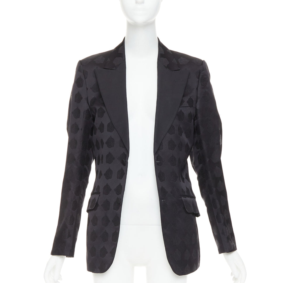 GUCCI black silk jacquard Tiger Hollywood applique tuxedo blazer IT44 XS