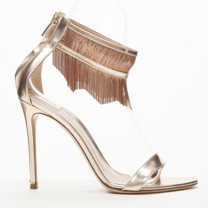 GIANVITO ROSSI Josephine copper metal fringe ankle strap high heel sandal EU38