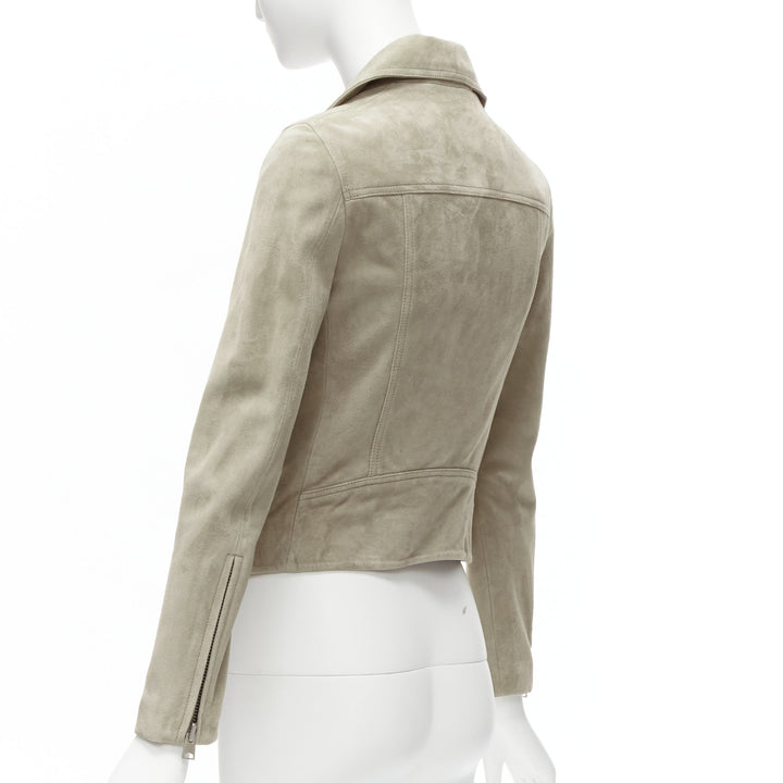 Female mannequin wearing All Saints Dalby Beige Suede Women Coat in Size UK6 | Available at JHROP