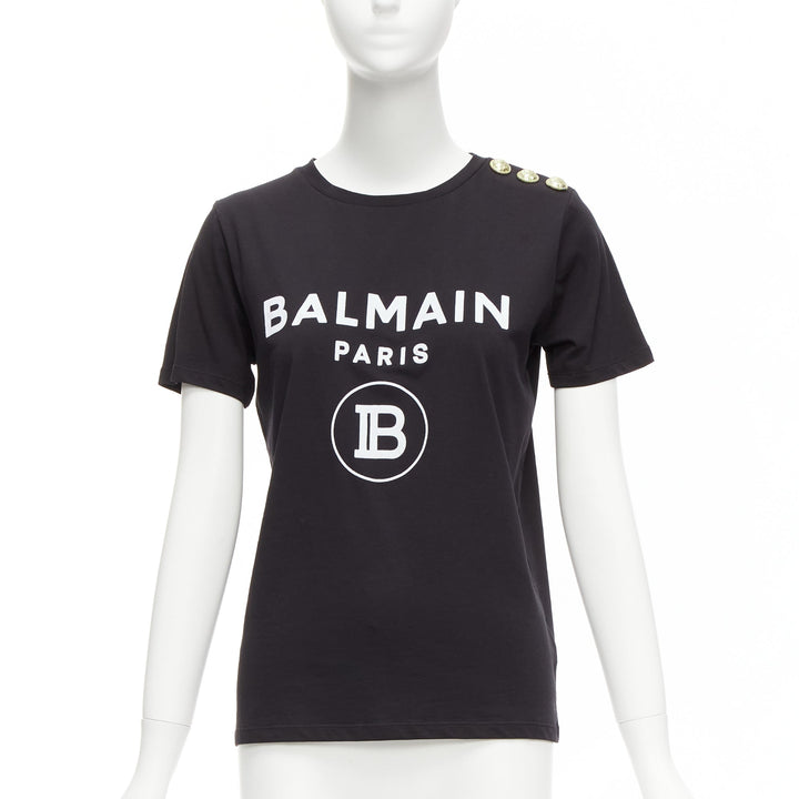 BALMAIN black white B logo gold military buttons tshirt FR34 XXS
