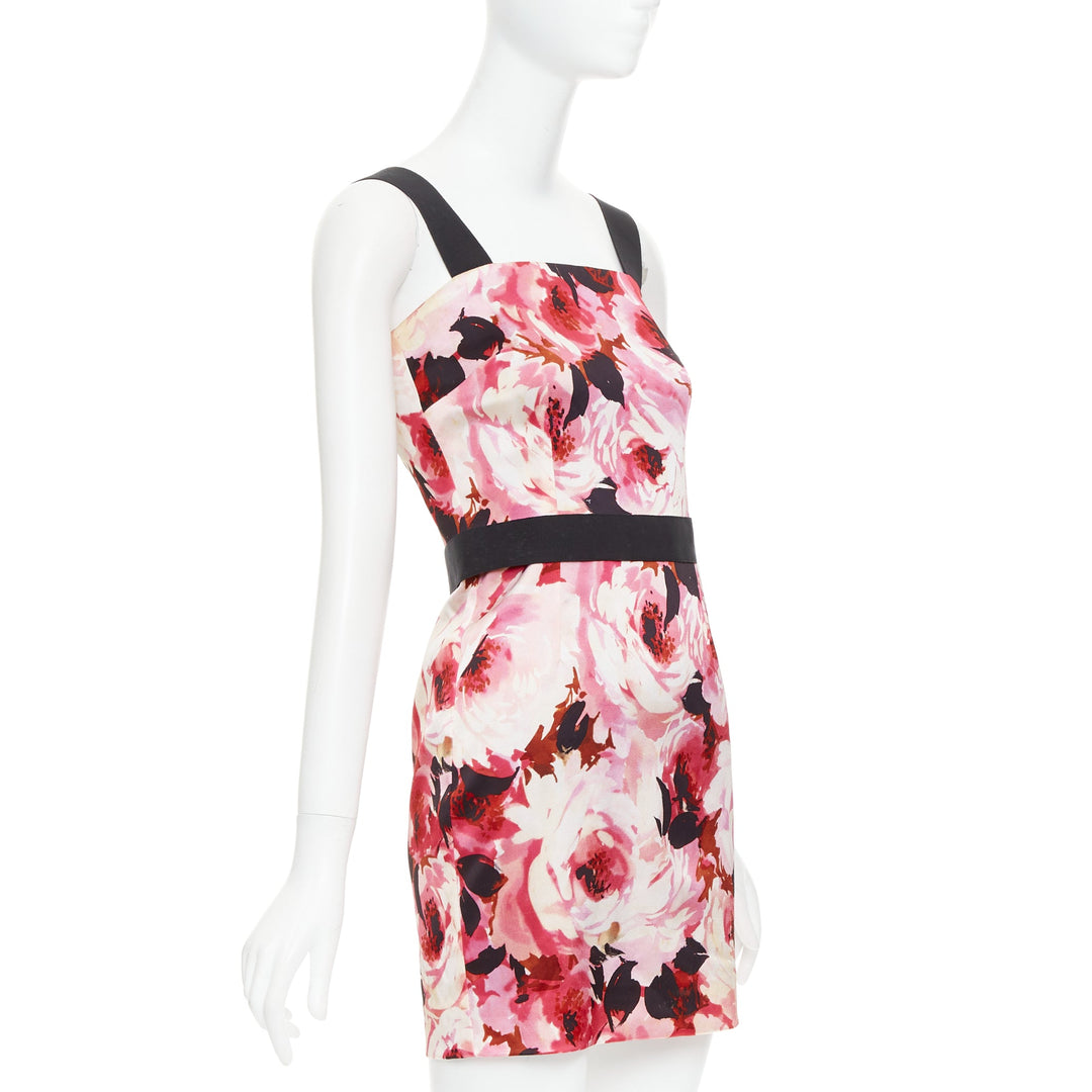 DOLCE GABBANA Vintage pink rose peonies floral black strap mini dress IT40 S