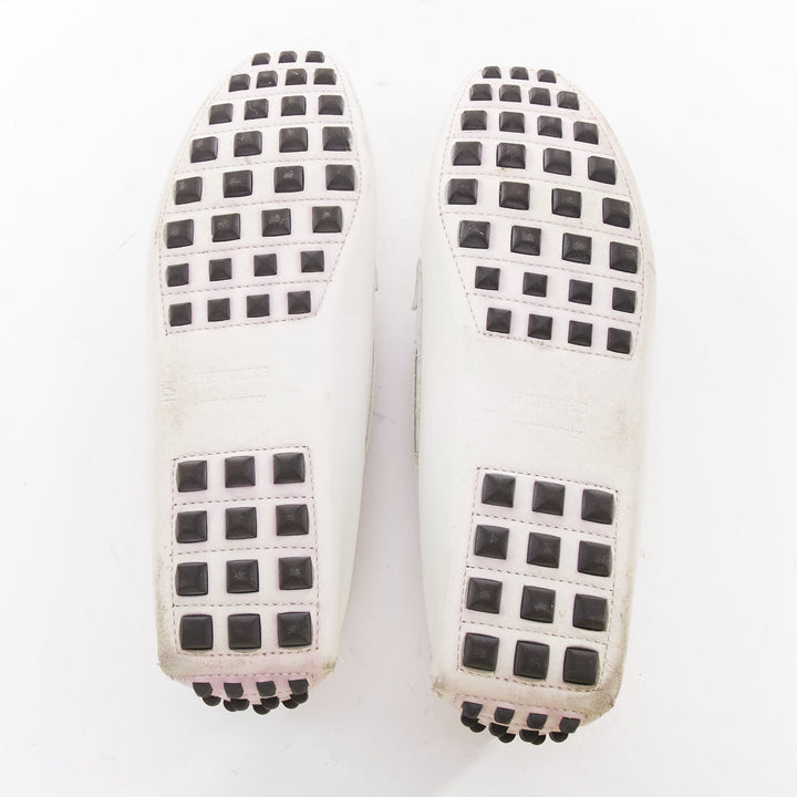 HERMES Irving white swift leather silver stud driving loafers EU35.5