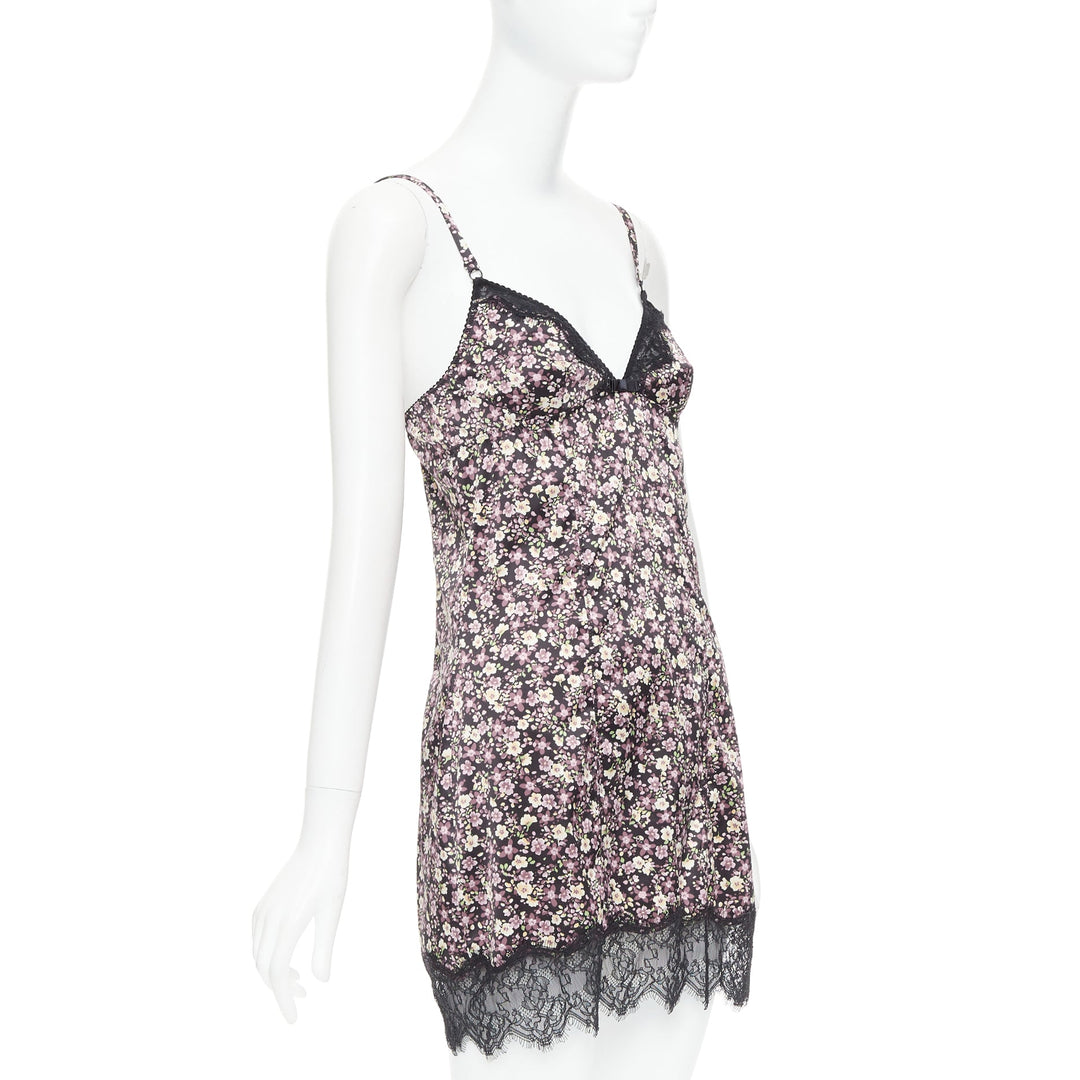 D&G DOLCE GABBANA Vintage pink green floral black bow lace trim slip dress M