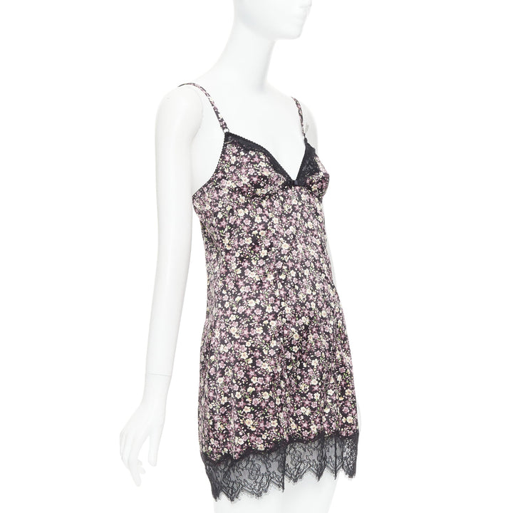 D&G DOLCE GABBANA Vintage pink green floral black bow lace trim slip dress M