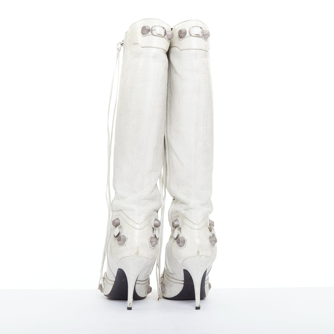 BALENCIAGA Cagole 100 white moto stud textured leather studded tall boots EU38