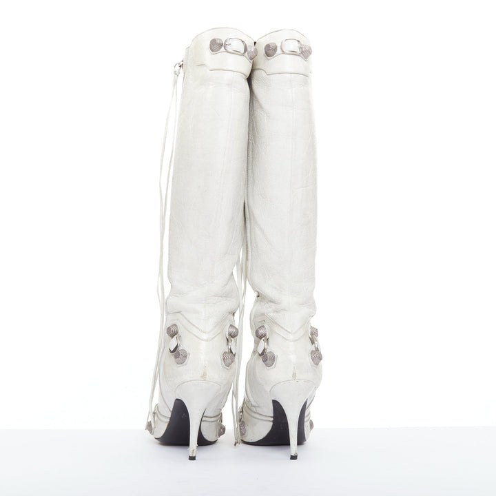BALENCIAGA Cagole 100 white moto stud textured leather studded tall boots EU38