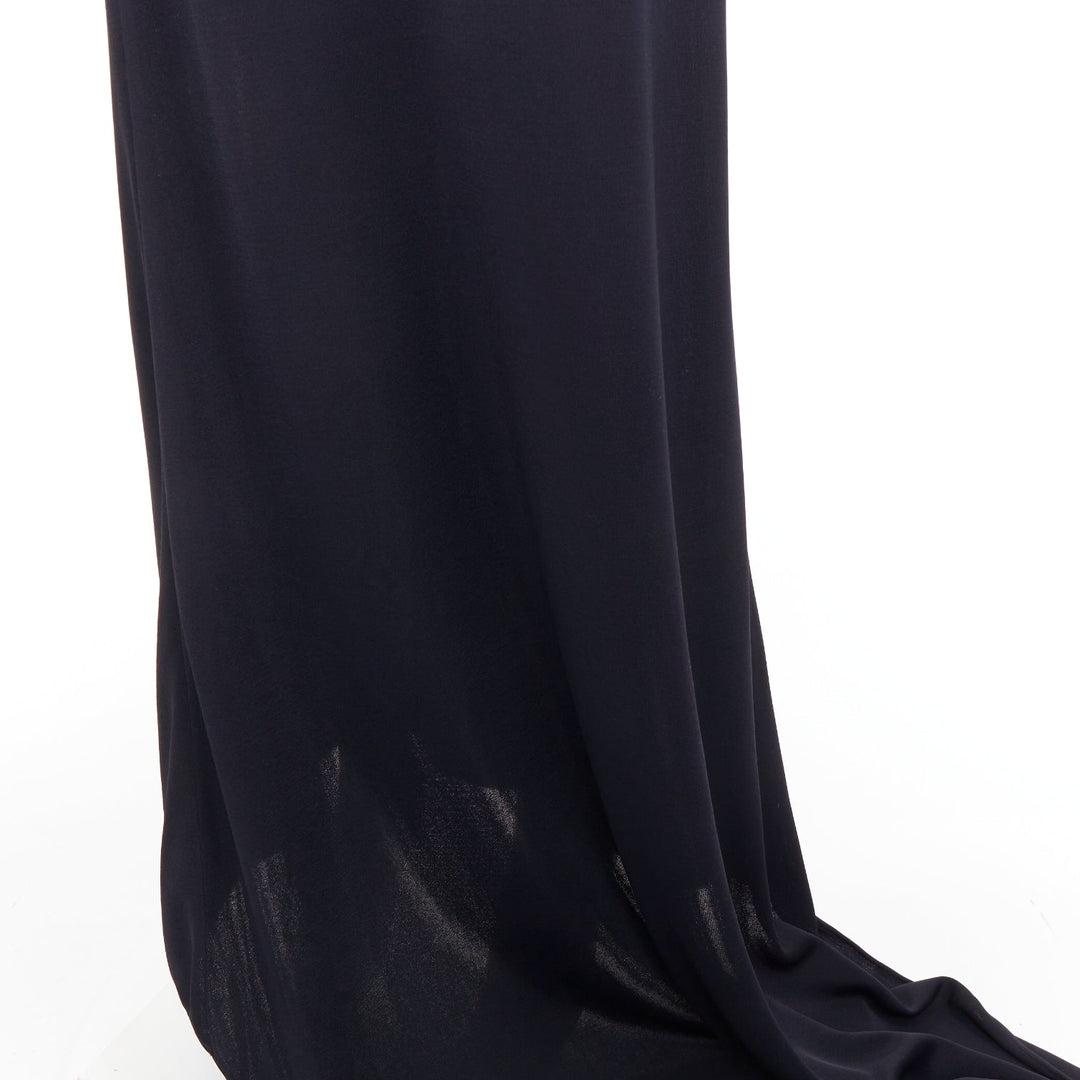 FERRAGAMO Maximilian Davis 2023 black viscose blend off shoulder train gown M