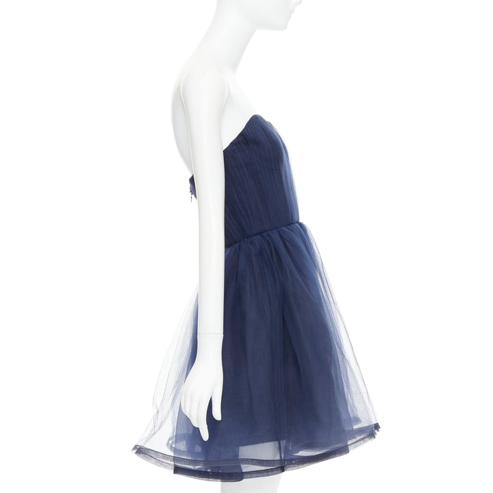 ALICE OLIVIA Landi Gathered navy tulle sheer overlay silk trimmed babydoll dress