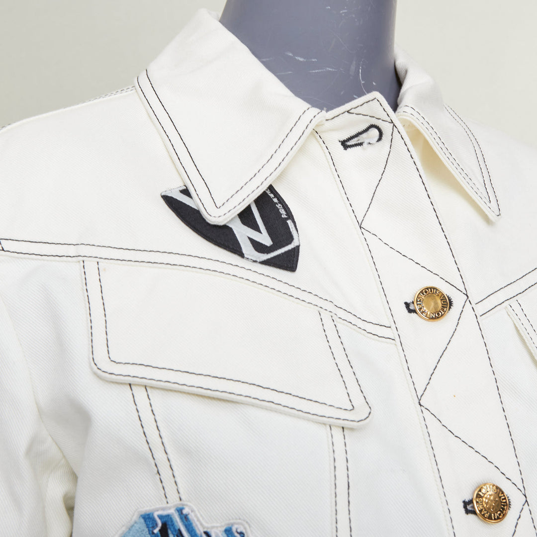 LOUIS VUITTON Virgil Abloh 2021 Runway cream denim embroidered badge coat FR36 S