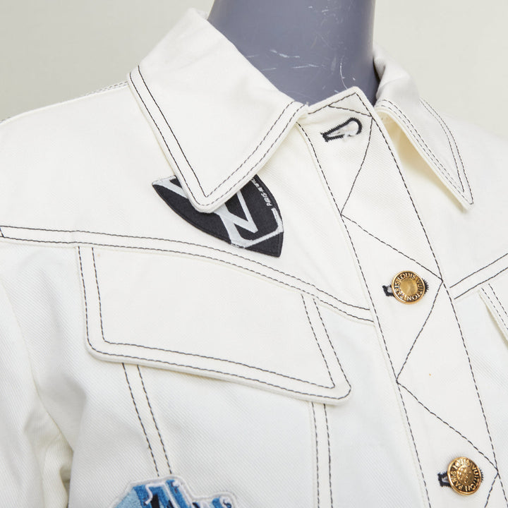 LOUIS VUITTON Virgil Abloh 2021 Runway cream denim embroidered badge coat FR36 S