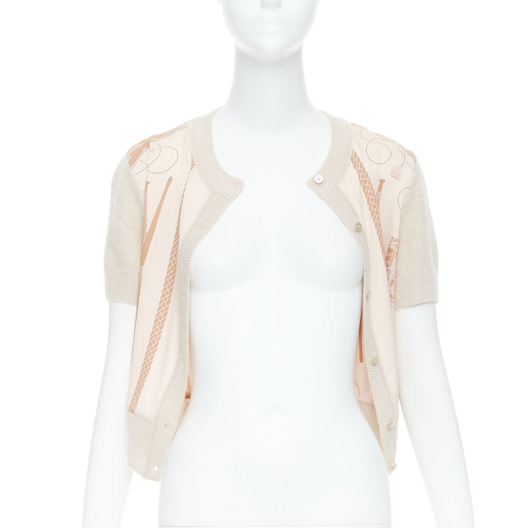 HERMES beige nude cashmere blend graphic silk crop cardigan FR38 M