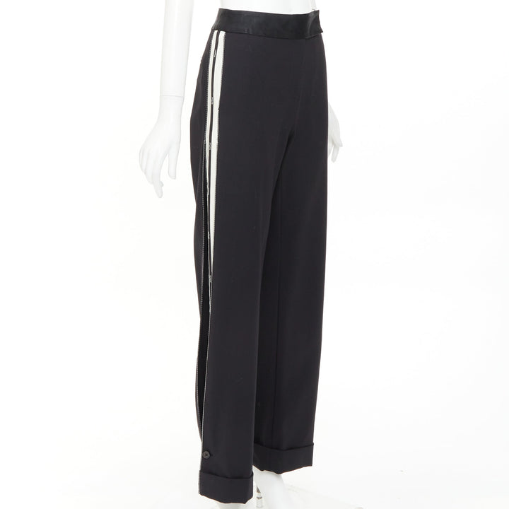 MONSE black virgin wool cream cotton twill logo trim wide leg pants US2 S