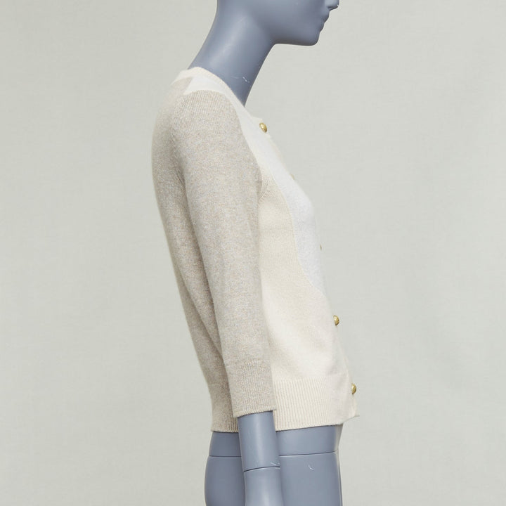 CHANEL 100% cashmere beige cream colorblocked CC buttons cardigan FR36 S