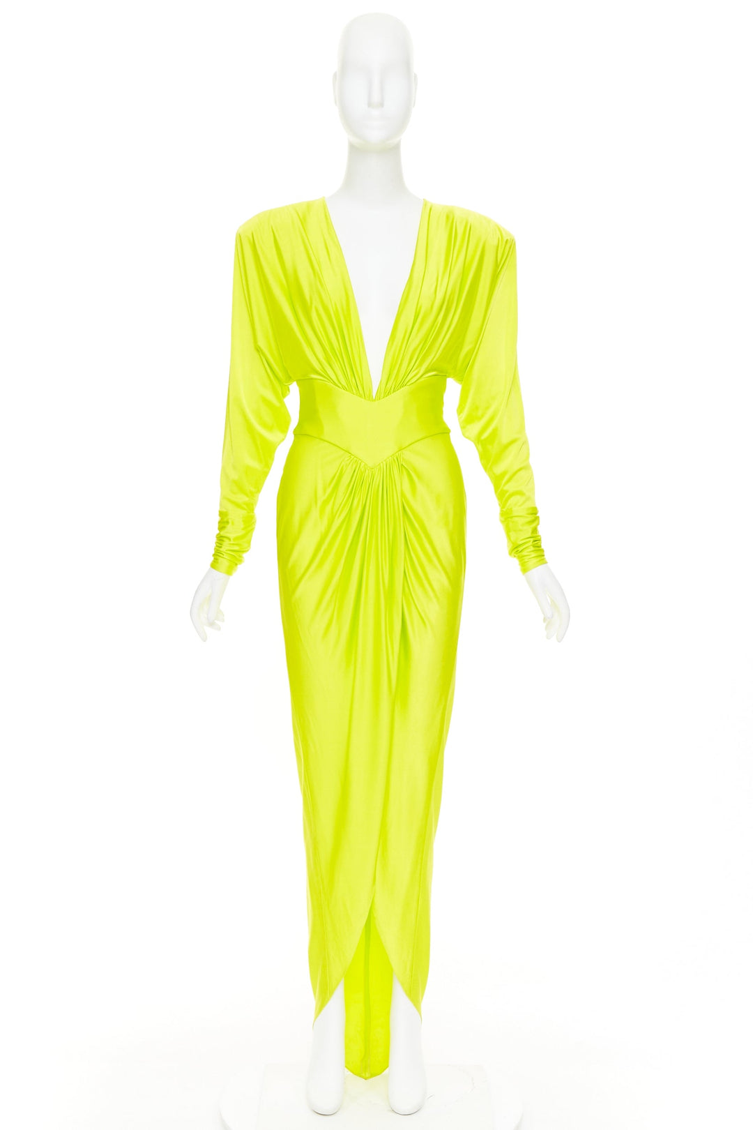 ALEXANDRE VAUTHIER neon yellow viscose Power shoulder plunge drape dress
