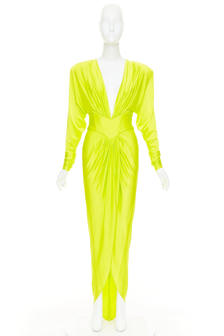 ALEXANDRE VAUTHIER neon yellow viscose Power shoulder plunge drape dress