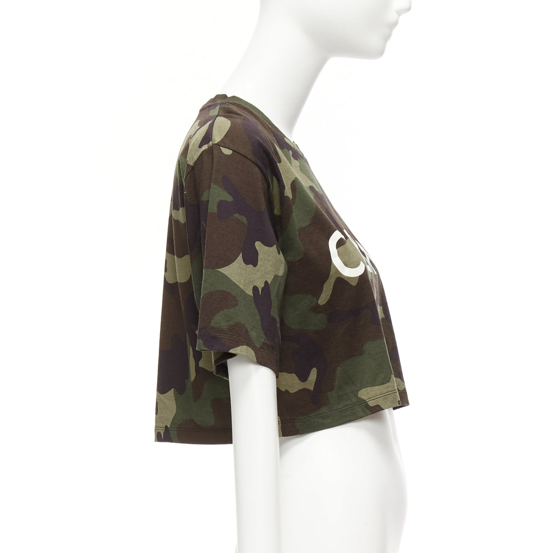 CELINE green camouflage cotton big white logo cropped tshirt top XS