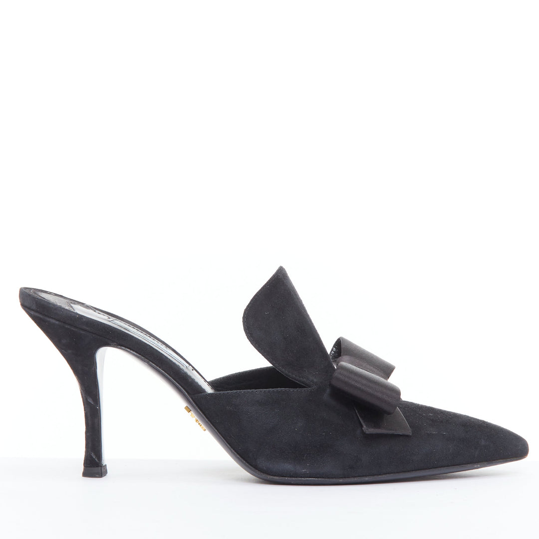 PRADA black satin bow front suede leather pointy mules EU39