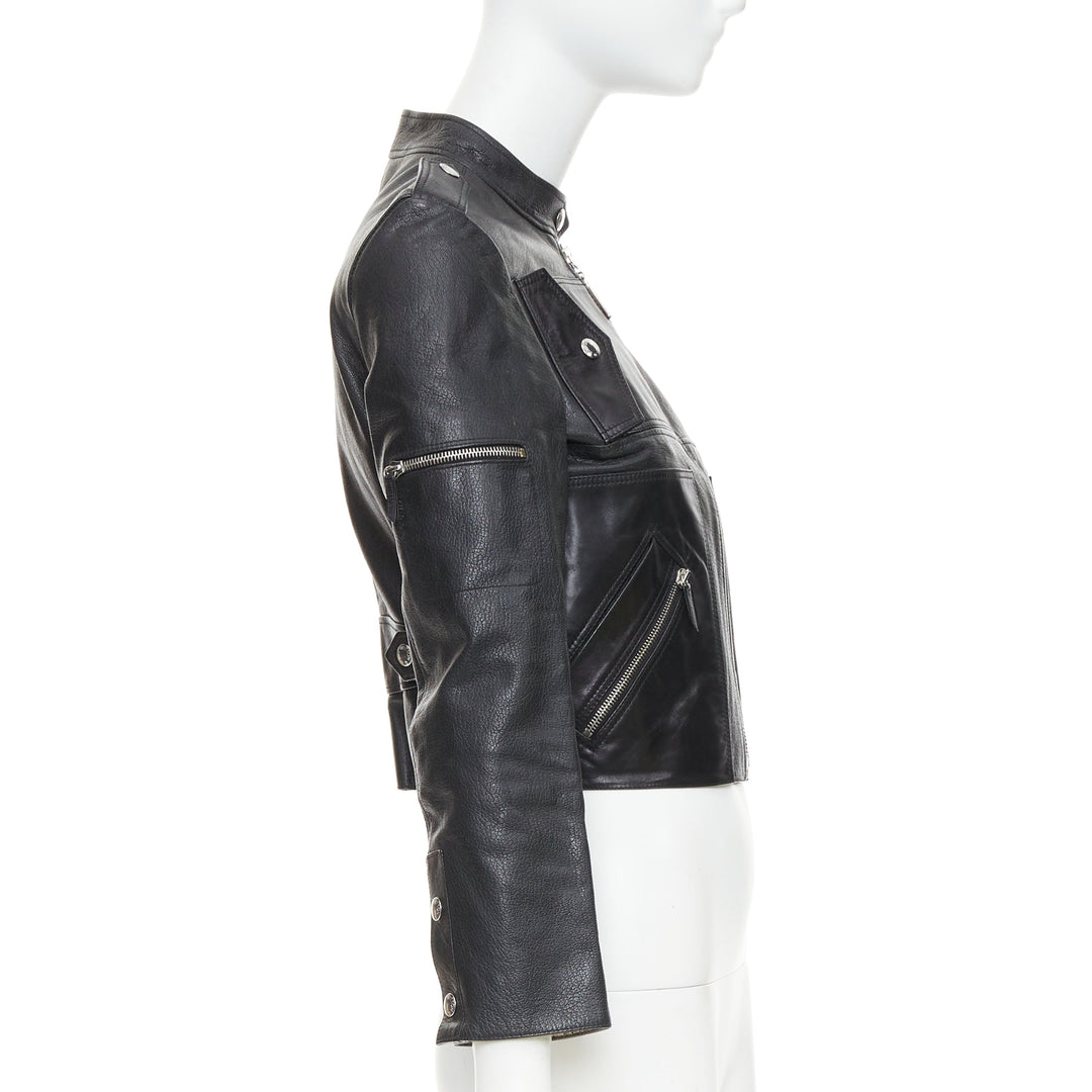 LOUIS VUITTON black goatskin leather LV zip cropped biker jacket FR36 S