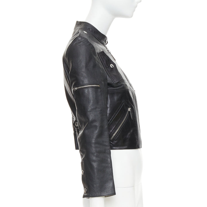 LOUIS VUITTON black goatskin leather LV zip cropped biker jacket FR36 S