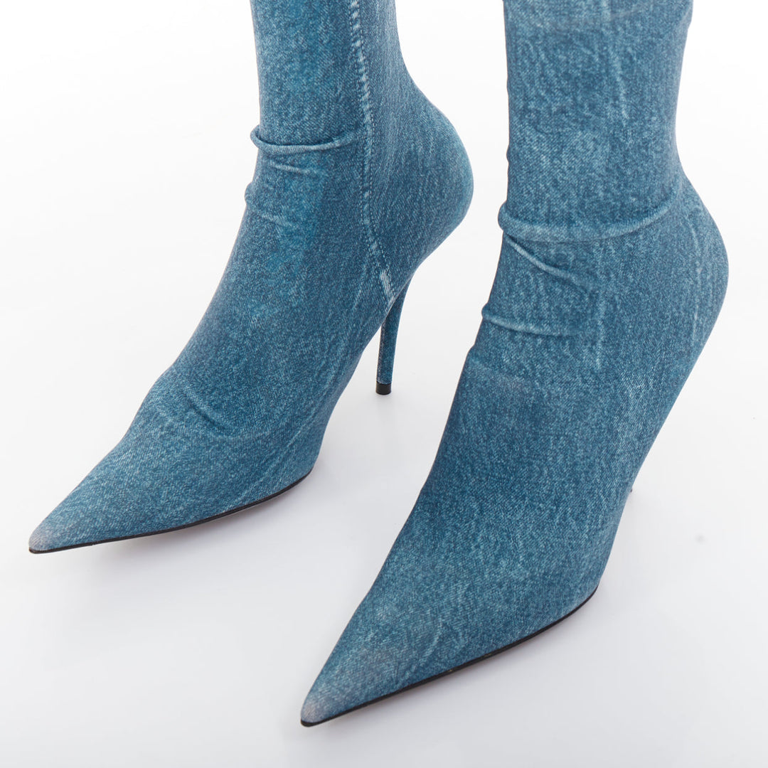 BALENCIAGA Knife blue denim trompe loeil pointy heeled boots EU36