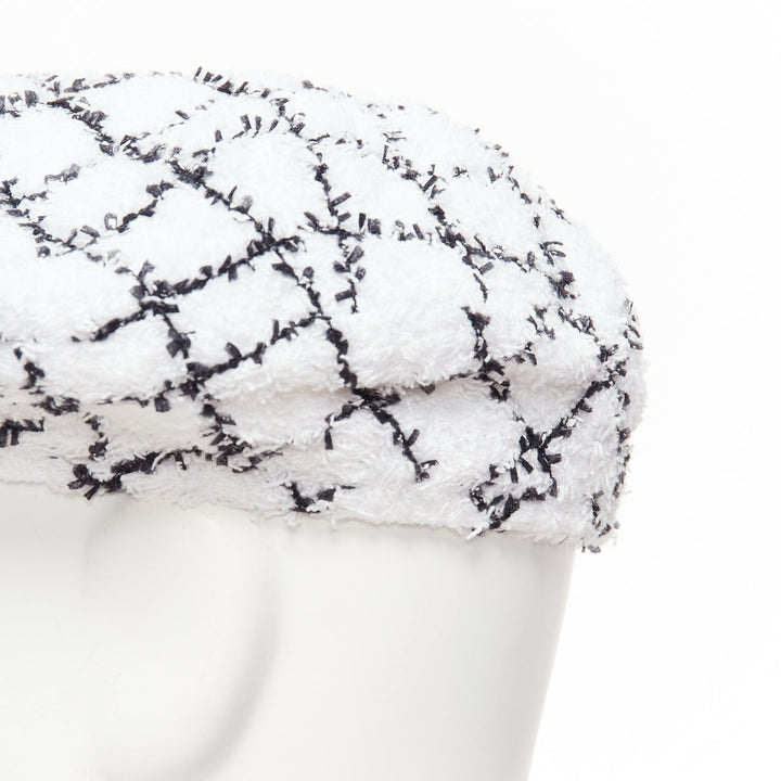 CHANEL 2019 white black checkered tweed lined beret hat S